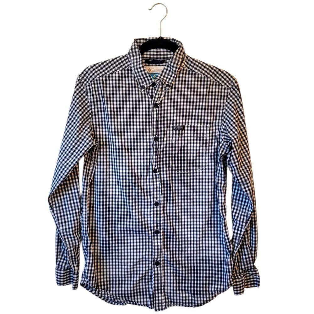 Columbia Men's Navy Blue & White Gingham Plaid Button Front Shirt Size S